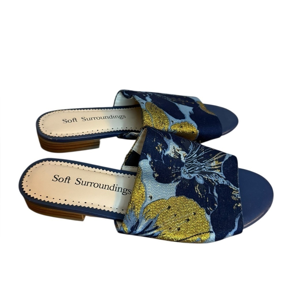 Soft Surroundings Priya Blue Floral Brocade Slide On Sandals